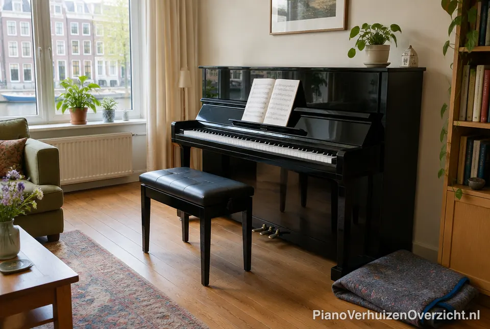 Gehuurde staande piano net bezorgd in een woonkamer