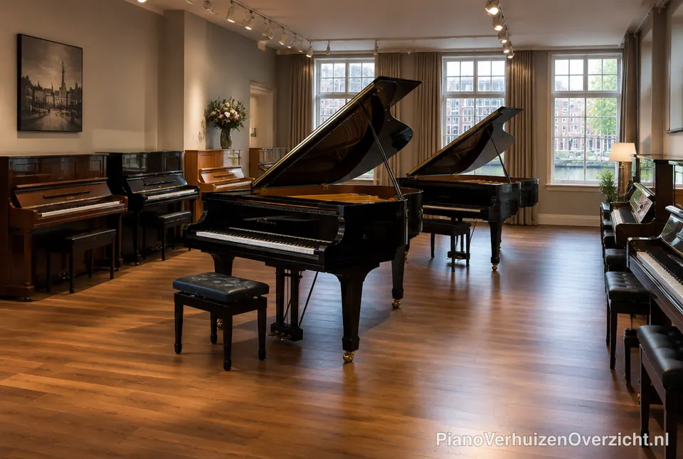 Pianowinkel met staande piano's en twee zwarte vleugels