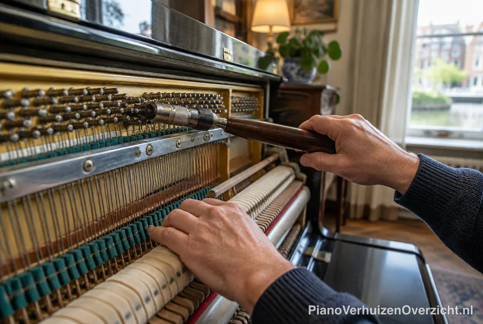 Pianostemmer stemt een staande piano met een stemhamer